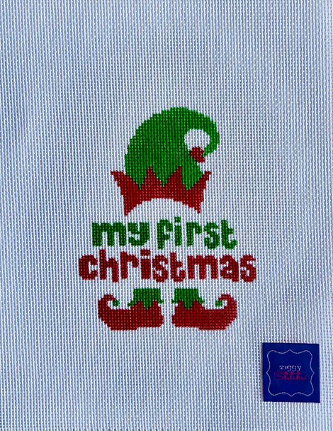 My First Christmas Elf 3 1/2" X 4 1/2" 18 Mesh Ziggy Stitches  ZS21