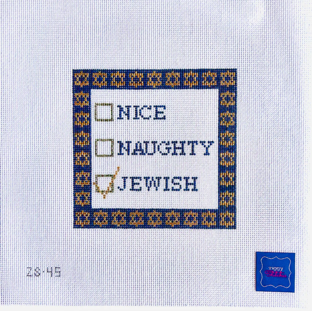 Naughty, Nice, Jewish 4 1/2" square 18 Mesh Ziggy Stitches ZS45