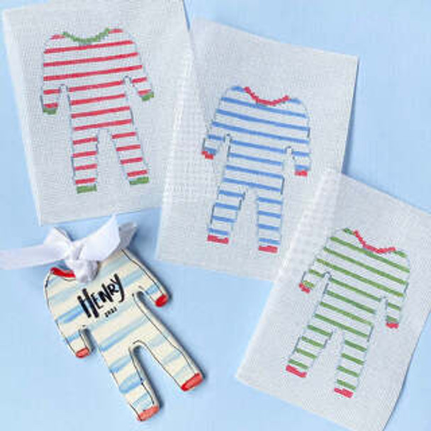 Christmas Pajamas Blue Canvas Only 18 mesh With Stitch Guide and lettering and monogram charts to personalize the piece Susan Brown from "For Pete's Sake Pottery Stitch Style
