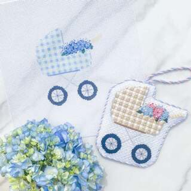 Baby Carriage Blue gingham Left Side ncludes a free stitch guide 18 mesh Stitch Style