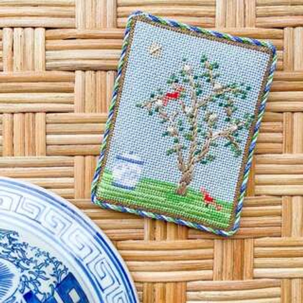 Chinoiserie Silk Screen Blue Canvas and Stitch Guide 3 x 4" 18 mesh Stitch Style