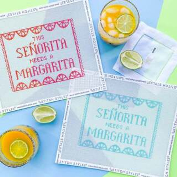 This Señorita Needs a Margarita  Shown Left With stitch guide  bright red  6.5 x 8  13Mesh Includes stitch guide Stitch Style