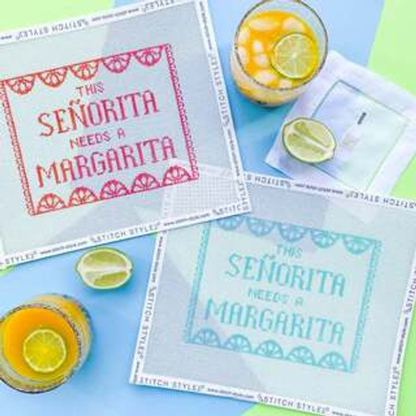 This Señorita Needs a Margarita  Turquoise Shown Right With stitch guide 6.5 x 8  13Mesh Includes stitch guide Stitch Style