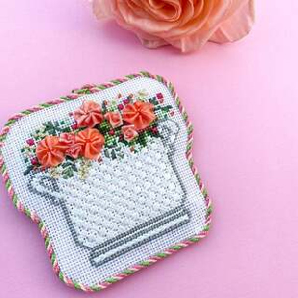 Pink Peony Floral Arrangement 2.5 x 3.5" 18 mesh Stitch Style