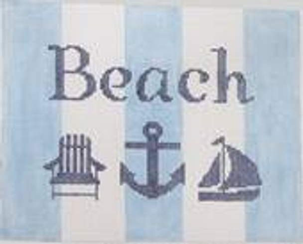 SG1-13 8.25 x 10.25 13 Mesh Beach with Adirondack chair, anchor, and sailboat - Navy, Pale Blue, White  Kristine Kingston Needlepoint Designs