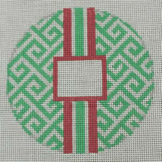 O169B Greek Key Monogram Box - Kelly Green with Pink stripe 4 x 4 18 Mesh Kristine Kingston Needlepoint Designs