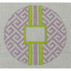 O169D Greek Key Monogram Box - Lavender with Lime Green stripe 4 x 4 18 Mesh Kristine Kingston Needlepoint Designs