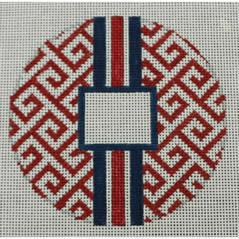 O169L Greek Key Monogram Box - Red with Navy stripe  4 x 4 18 Mesh Kristine Kingston Needlepoint Designs