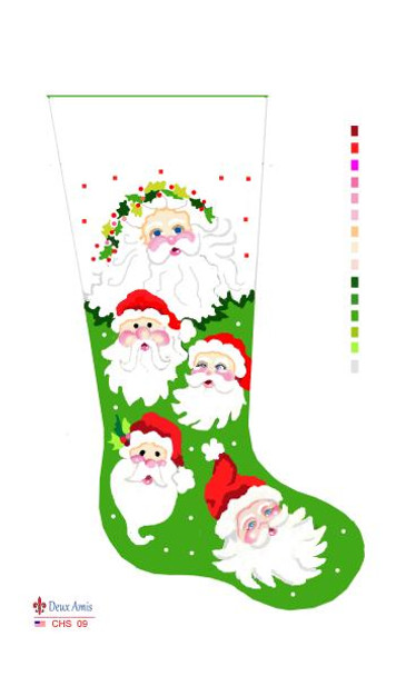 CHS09 Santa Faces Stocking 23" x 10" 13 Mesh  Deux Amis 