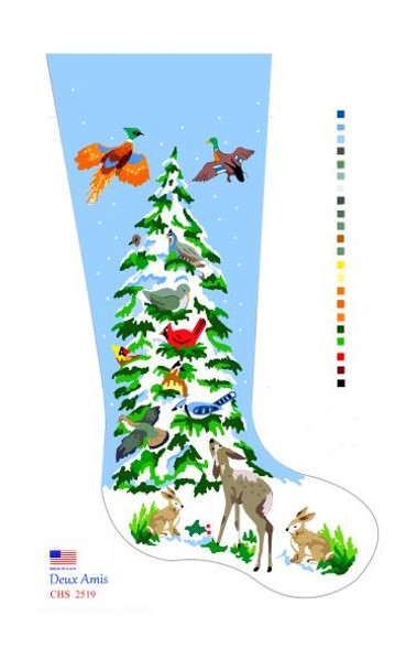 CHS2519 SL2519 Bambi And Birds In Snow Tree Stocking 18" x 8" 18 Mesh Deux Amis