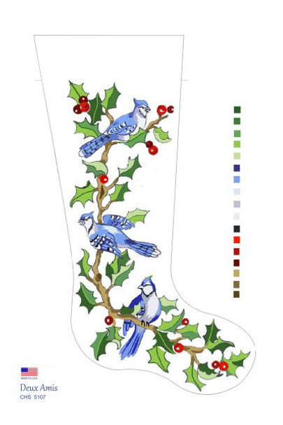 CHS5107 SL5107 Blue Jays And Holly Stocking 18" x 8" 13 Mesh Deux Amis