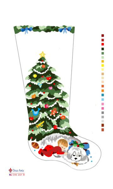 CHS2331-B SL2331-B Boy And Dog Under Tree Stocking 18" x 8" 13 Mesh Deux Amis