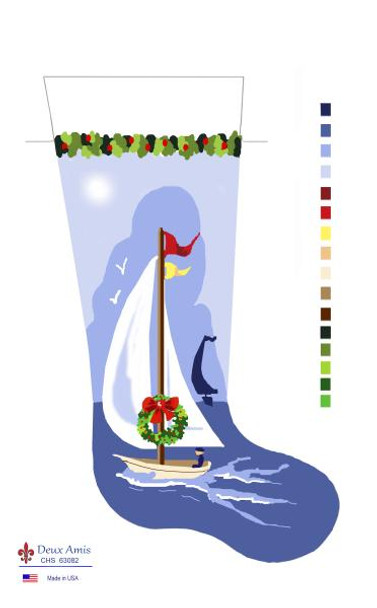 CHS63082 Christmas Sailboat With Wreath Stocking 23" x 10" 13 Mesh Deux Amis
