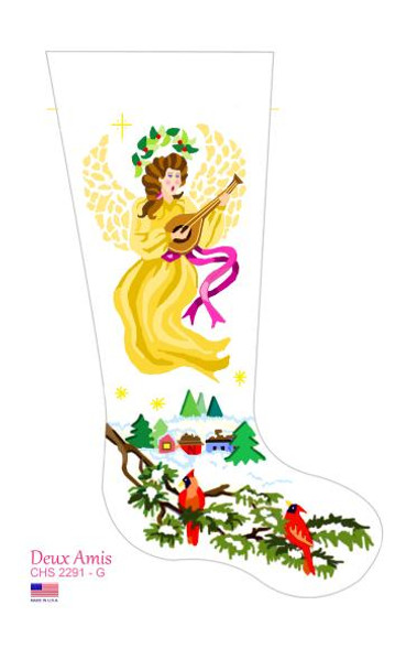 CHS2291-G Gold Angel And Cardinals Stocking  23" x 10" 13 Mesh Deux Amis