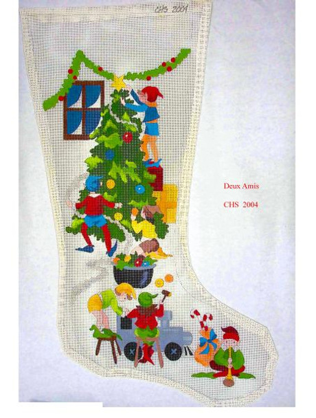 CHS2004 Elves Decorate Tree Stocking 23" x 10" 13 Mesh Deux Amis