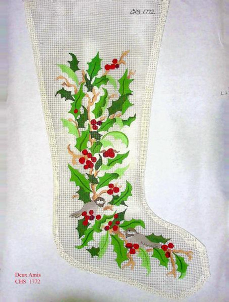 CHS1772 Snowbirds And Holly Stocking 23" x 10" 13 Mesh Deux Amis