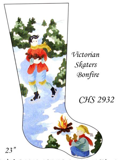 CHS2932 Victorian Skating Bonfire Stocking 23" x 10 18 Mesh Deux Amis