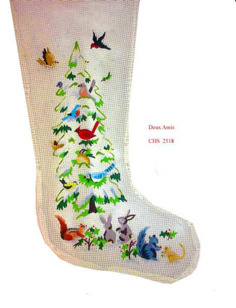 CHS2518 Birds In A Snow Tree Stocking 23" x 10" 13 Mesh Deux Amis