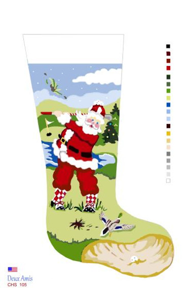 CHS105 Golfing Santa On Grass Stocking 23" x 10" 18 Mesh Deux Amis 