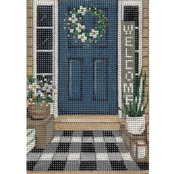 AP4392! GINGHAM AND BLUE DOOR 3.5 x 5  18 mesh Alice Peterson Designs