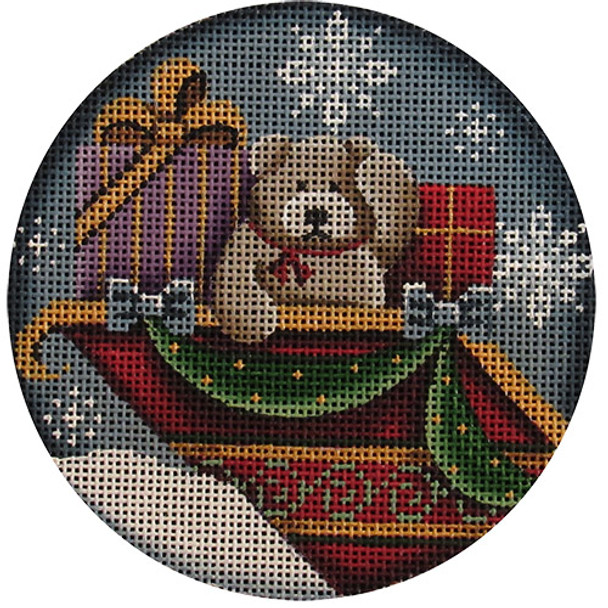 1054b Teddy in the sleigh 4" Round 18 Mesh Rebecca Wood Designs!