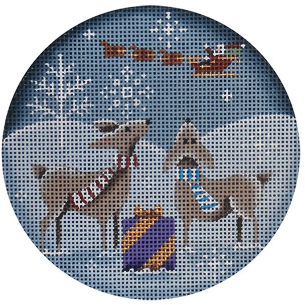 1053b There He Goes Deer Santa Sleigh Present 4" Round 18 Mesh Rebecca Wood Designs!