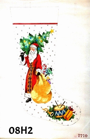 MM Designs 08H2 Santa Holding Christmas Tree & Bag of Gifts 14" x 23" 13 Mesh Stocking