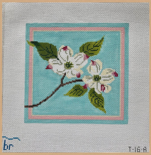 T16 White Dogwood Blossoms 5.5" square 18 Mesh  Blue Ridge Stitchery