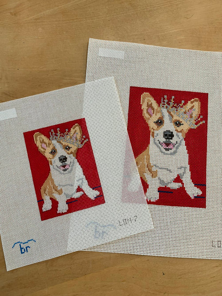 LON7A Corgi Queen  4.75” x 6.5” 13 Mesh Blue Ridge Stitchery