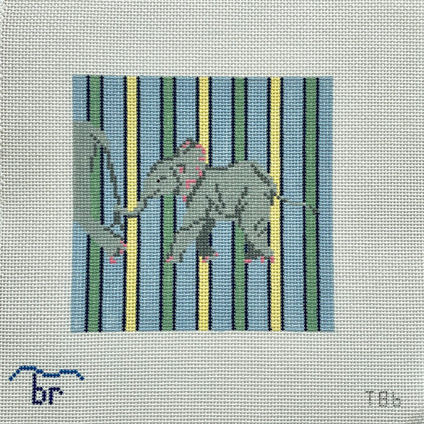 T8B Hang On! Elephant - blue/green square 6" square 13 Mesh Blue Ridge Stitchery