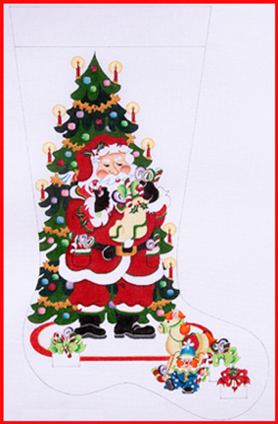 CS-271 Santa holding a stocking in front of tree 18 Mesh 23" TALL Strictly Christmas!