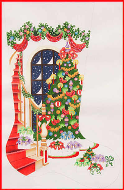 CS-387 Staircase w/decorated tree and window 13 Mesh Stocking 23" Tall Strictly Christmas!