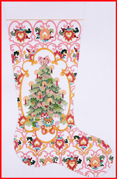 CS-316 Tree w/gold cartouche pink & rose fabric 18 Mesh Stocking - 23" Tall Strictly Christmas!