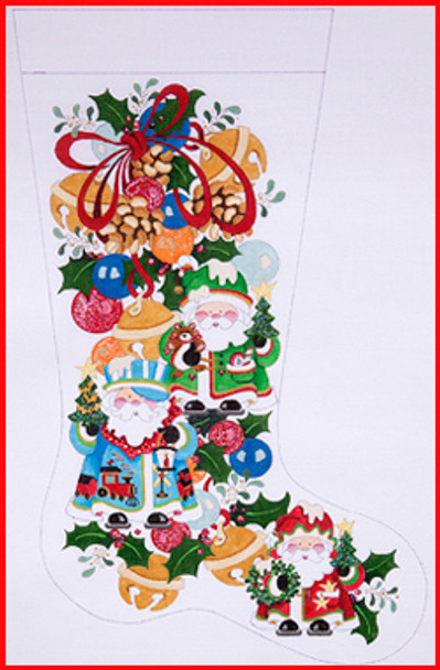 CS-461 Jingle Bells Squatty Santas train, wreath & ornament 18 Mesh Stocking 23" Tall Strictly Christmas!
