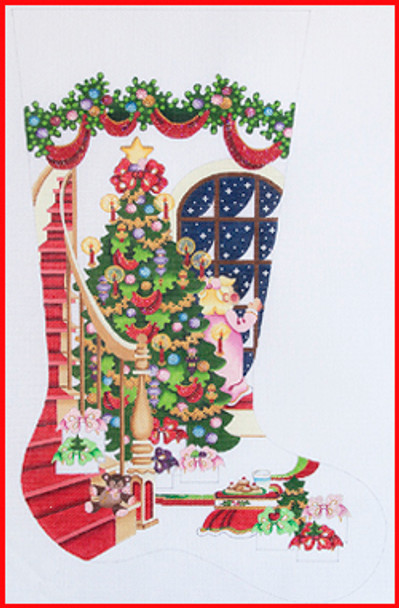 CS-388 Staircase tree & girl window 18 Mesh Stocking 23' Tall Strictly Christmas!