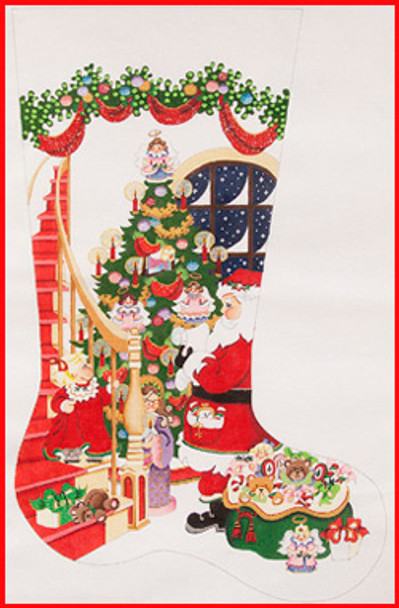 CS-392 Santa - girl on staircase -heavy garland w/swags 18 Mesh Stocking  23'Tall Strictly Christmas!