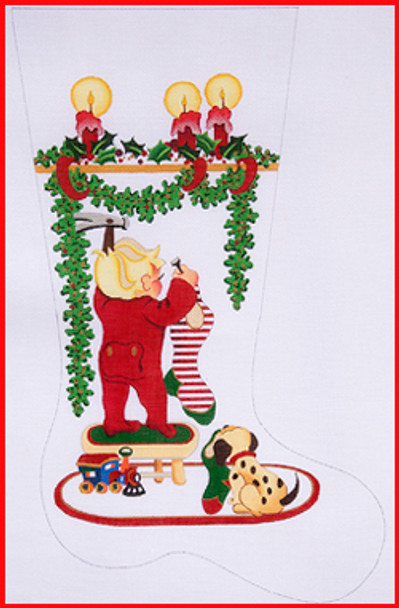 CS-451 Boy on stool hanging stocking w/train & candles & holly cuff 18 Mesh Stocking  23' Tall Strictly Christmas!