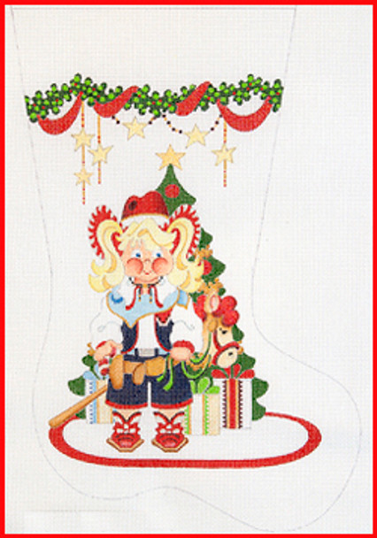 CS-1150 Cowgirl in front of tree w/packages - garland w/hanging stars 18 Mesh Stocking MID-SIZE 18" tall Strictly Christmas!