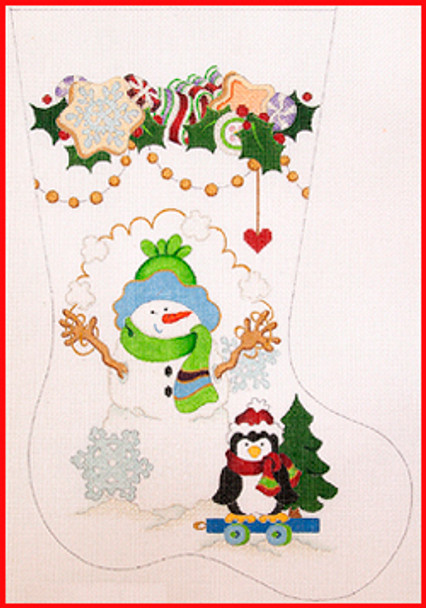 CS-1131 Snowman w/snowballs & penguin on rollers - cookie, candy & holly garland 18 Mesh Stocking MID-SIZE 18" tall Strictly Christmas!