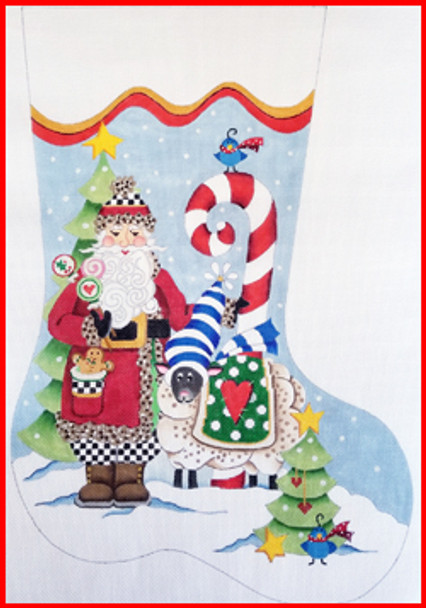 JL-15 Santa w/llama w/knit hat, candy cane tree on toe (J. Lambien) 18 Mesh Stocking MID-SIZE 18" tall Strictly Christmas!