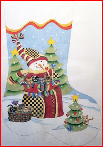 CS-3004 Snowman w/basket of kittens & arm's full of cats (J. Lambien) 18 Mesh Stocking MID-SIZE 18" tall Strictly Christmas!