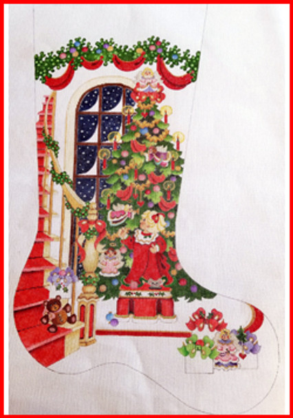 CS-1202 Girl on staircase w/window tree 18 Mesh Stocking MID-SIZE 18" tall Strictly Christmas!