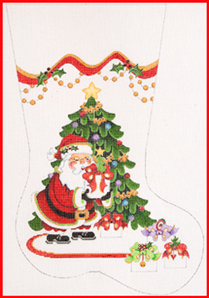 CS-1197 Santa w/gift in front of decorated tree 18 Mesh Stocking MID-SIZE 18" tall Strictly Christmas!