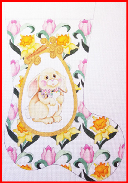 ES-332 Tulips & daffodils pattern w/bunny in cartouche 18 Mesh EASTER STOCKING MID-SIZE 18" tall Strictly Christmas!