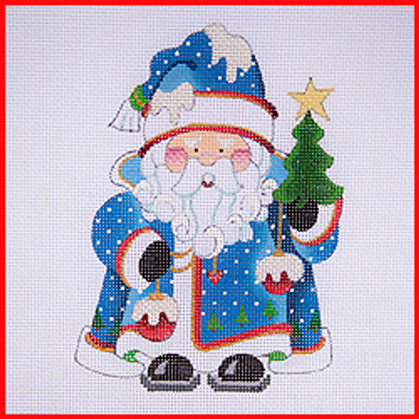 COSA-03 Tree & ornaments - blue coat w/trees & snow 5 1/2" to 6" tall 18 Mesh SQUATTY SANTA Strictly Christmas