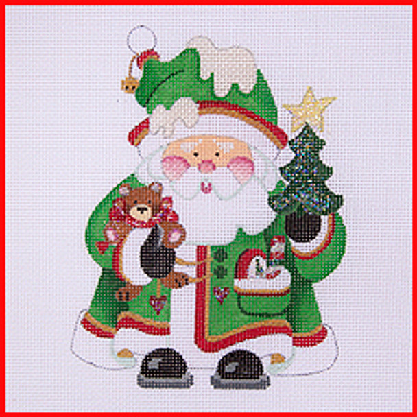COSA-07 Tree & teddy bear - green coat trimmed in red  5 1/2" to 6" tall 18 Mesh SQUATTY SANTA Strictly Christmas