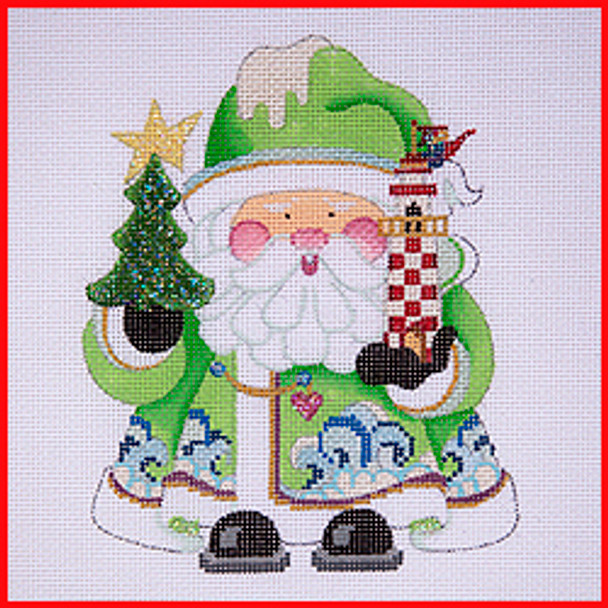 COSA-13 Tree  & lighthouse - lime green coat w/blue waves  5 1/2" to 6" tall 18 Mesh SQUATTY SANTA Strictly Christmas