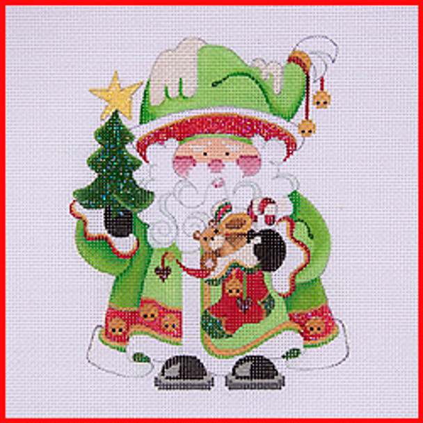 COSA-24 Tree & stocking - lime green coat w/red band w/jingle bells5 1/2" to 6" tall 18 Mesh SQUATTY SANTA Strictly Christmas