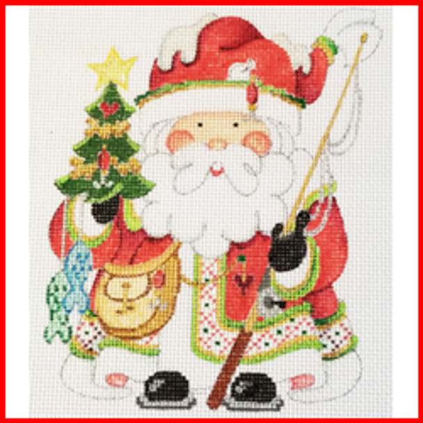 COSA-87 Tree & fishing pole - red coat - Fishing Santa  5 1/2" to 6" tall 18 Mesh SQUATTY SANTA Strictly Christmas