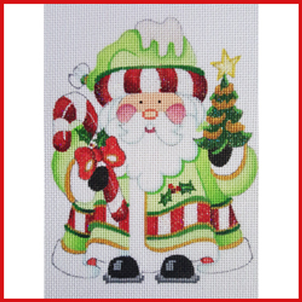 COSA-69 Tree & candy cane - lime green coat w/red & white stripe band on coat & hat 5 1/2" to 6" tall 18 Mesh SQUATTY SANTA Strictly Christmas